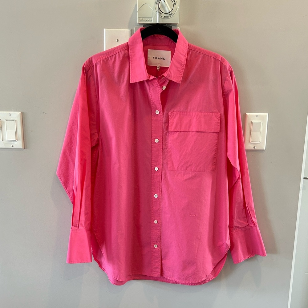 FRAME The Oversized Vacation Organic Cotton Shirt Bright Pink - Picture 13 of 15